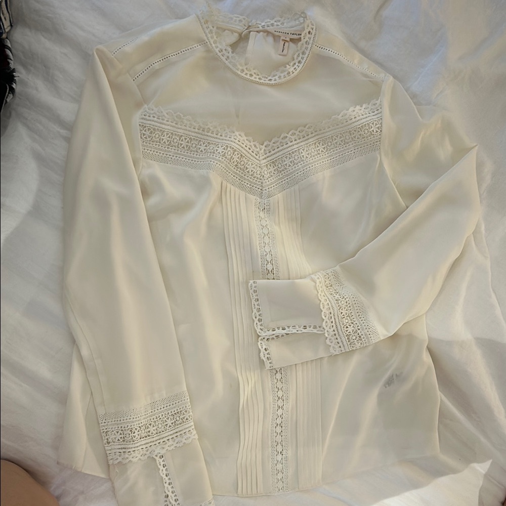 Rebecca Taylor Cream Lace Trim Blouse